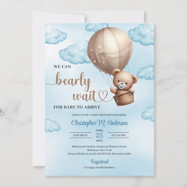 Invitation Jolie aquarelle brun ours en peluche montgolfière (Devant)