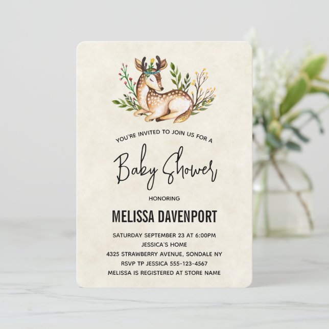 Invitation Jolie aquarelle cerf allongé Baby shower (Debout devant)