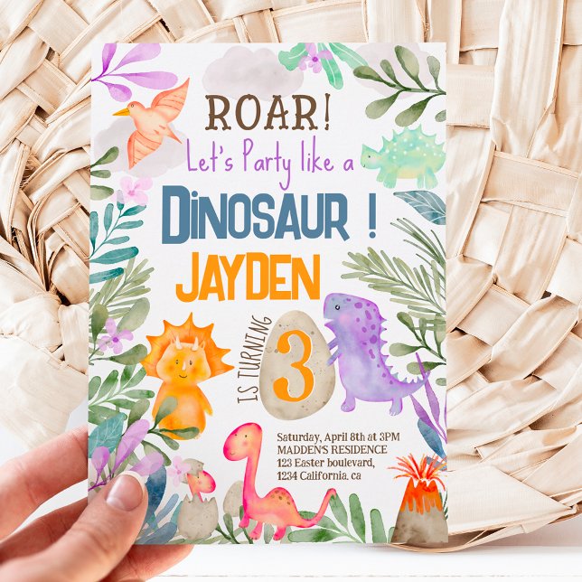 Invitation Jolie aquarelle dinosaures anniversaire de enfant (Créateur téléchargé)