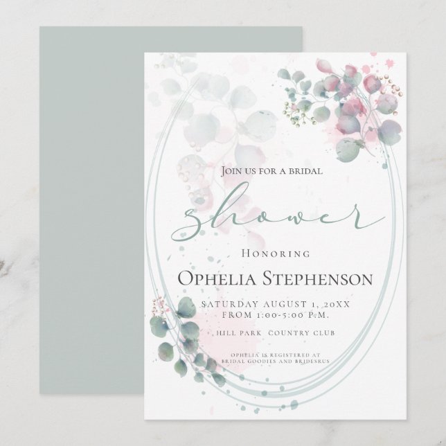 Invitation Jolie aquarelle Eucalyptus Foliage Fête des mariée (Devant / Derrière)