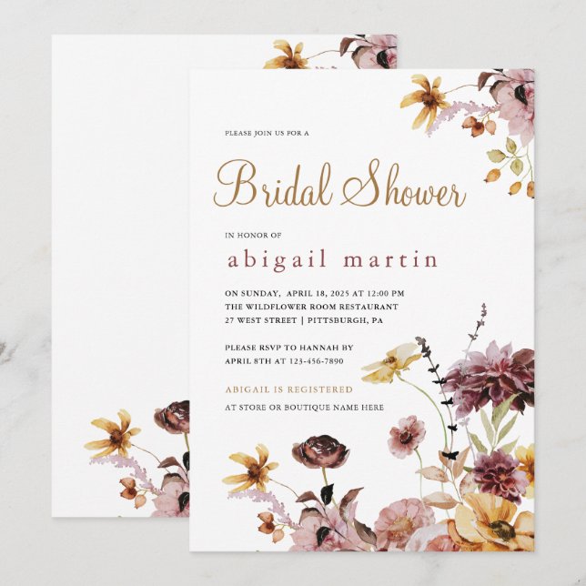 Invitation Jolie aquarelle Fleur sauvage Fête des mariées flo (Devant / Derrière)