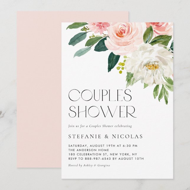Invitation Jolie aquarelle Fleurs Jardin Couples Douche (Devant / Derrière)
