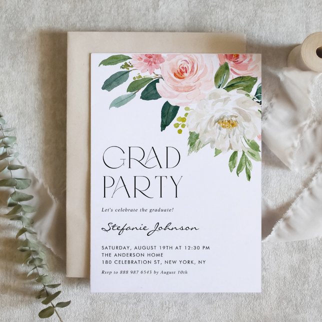 Invitation Jolie aquarelle Fleurs Jardin Graduation Party (Customizable floral graduation invitation featuring watercolor pink and white flowers.)