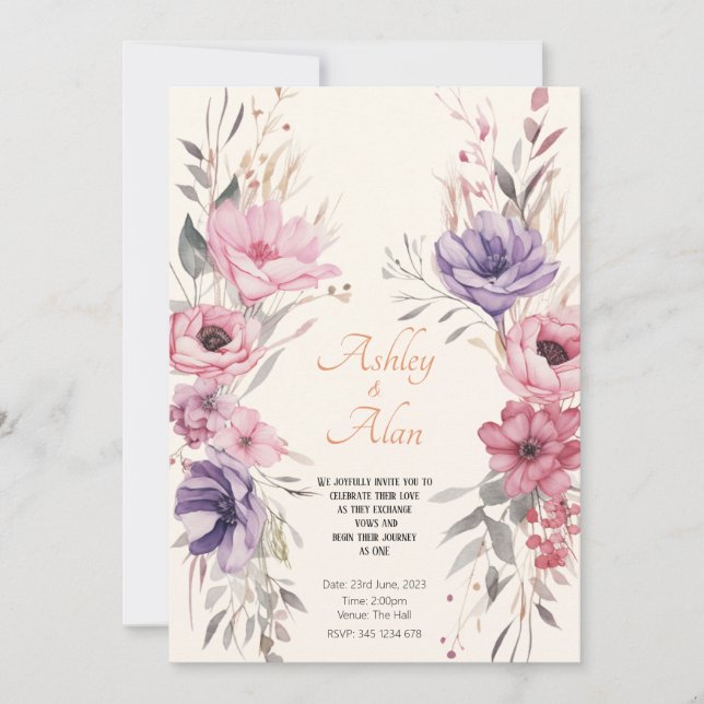 Invitation Jolie aquarelle Fleurs Mariage royal (Devant)