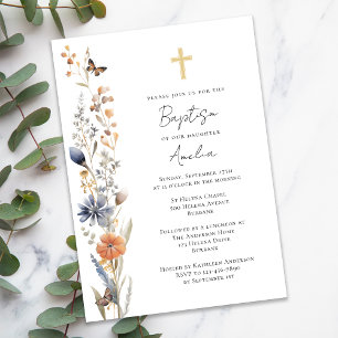 Invitation Jolie aquarelle Fleurs sauvages Cross Baptême