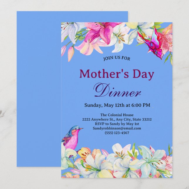 Invitation Jolie aquarelle Floral Blanc Mère's Day Diner (Devant / Derrière)