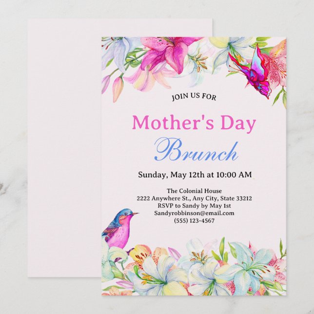 Invitation Jolie aquarelle Floral rose Fête des Mères Brunch (Devant / Derrière)