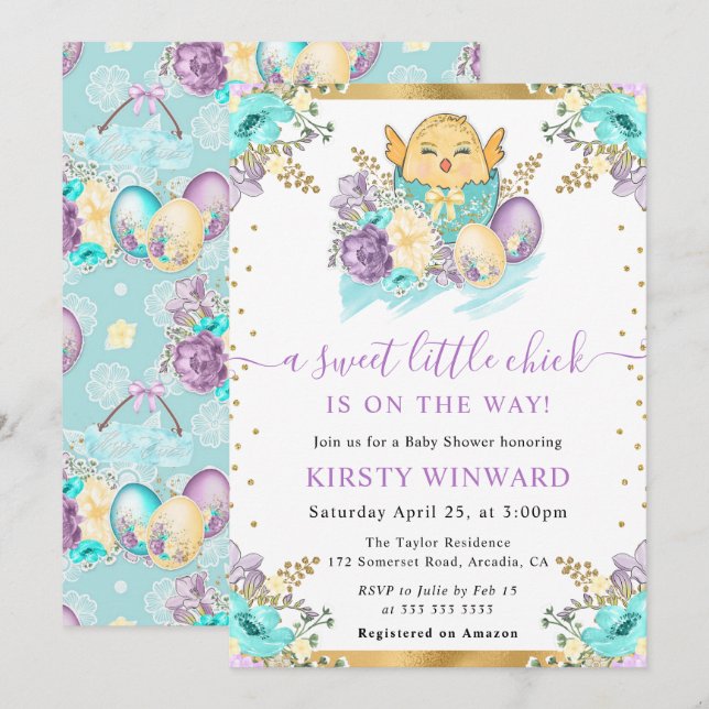 Invitation Jolie aquarelle Florale Baby shower de poussins de (Devant / Derrière)