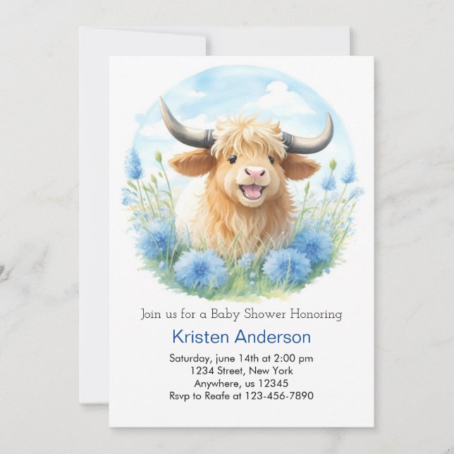 Invitation Jolie aquarelle Highland Cow Bliss Boy Baby shower (Devant)