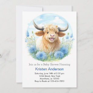 Invitation Jolie aquarelle Highland Cow Bliss Boy Baby shower