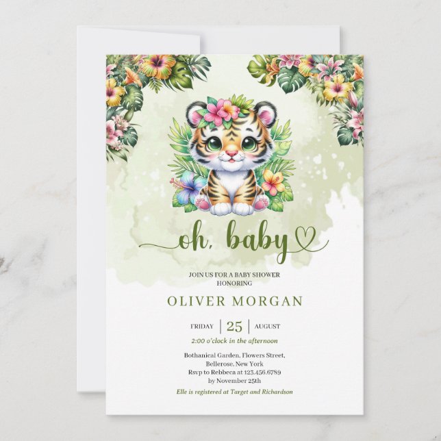 Invitation Jolie aquarelle jungle bébé tigre fleurs tropicale (Devant)