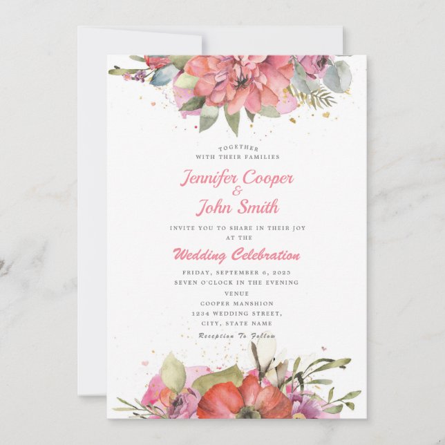 Invitation Jolie aquarelle rose rouge Mariage (Devant)
