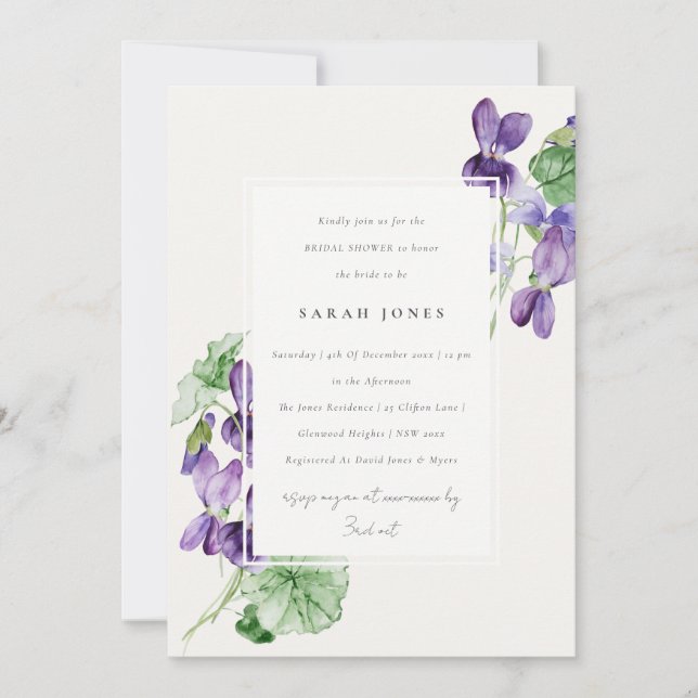 Invitation Jolie aquarelle Violet Fête des mariées florale (Devant)