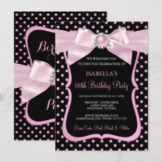 Invitation Jolie Arc de Perle Rose Noir Anniversaire à pois