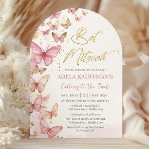 Invitation Jolie Arche de Bat Mitzvah Papillons Roses 13e Ann