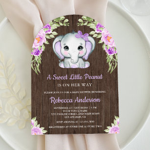 Invitation Jolie Arche de fleurs violettes éléphant en bois p