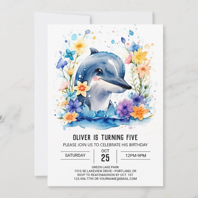 Invitation Jolie aventure Dolphin Aquarelle Anniversaire (Devant)