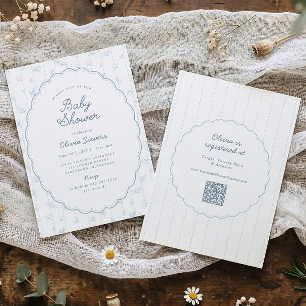 Invitation Jolie Baby Shower Cadre Ovale Bleu Poussiéreux Vin