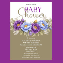 Jolie Baby Shower Fille aux Pivoines Bleues et Vio