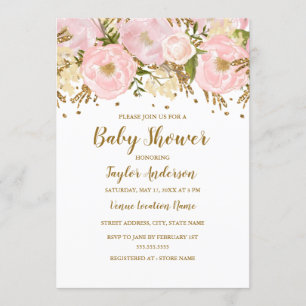 Invitation Jolie Baby Shower Florale Rose Pâle et Or