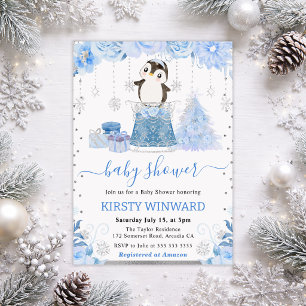 Invitation Jolie Baby Shower Hiver Arctique Manchot Mignon