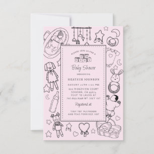 Invitation Jolie Baby Shower Rose Fille Dessinée à la Main