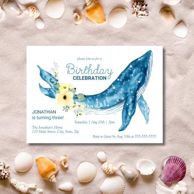 Invitation Jolie Baleine Bleue Jaune Fleur fête d'anniversair (Créateur téléchargé)