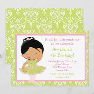Invitation Jolie ballerine afro-américaine et damas vert