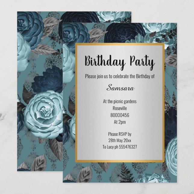 INVITATION JOLIE BLEU FLORAL ARGENT OR ANNIVERSAIRE (Devant / Derrière)