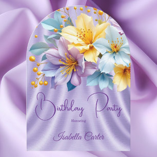 Invitation Jolie Bleu Violet Fleurs Jaunes Anniversaire