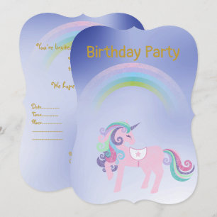 Invitation Jolie Blue Rainbow Unicorn anniversaire Or