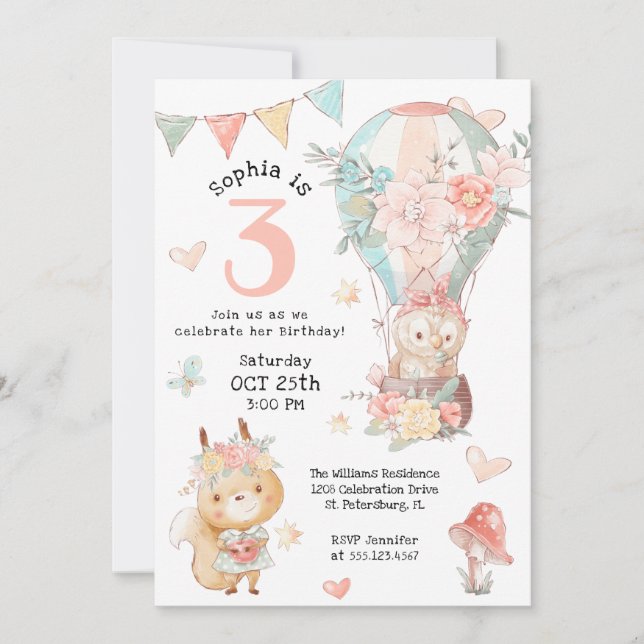 Invitation Jolie Bois Animaux Aquarelle Anniversaire pour Fil (Devant)
