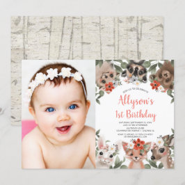 Invitation Jolie boisé animaux filles 1ère photo d'anniversai