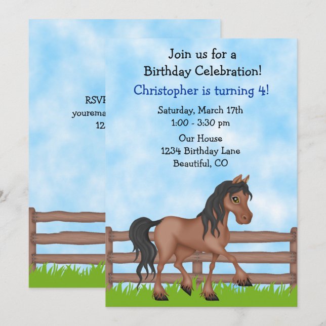 Invitation Jolie Brown Horse Boys fête d'anniversaire (Devant / Derrière)