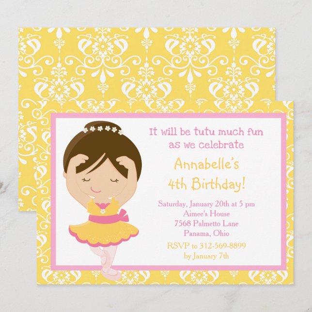 Invitation Jolie Brunette Ballerina et Damas jaune (Devant / Derrière)