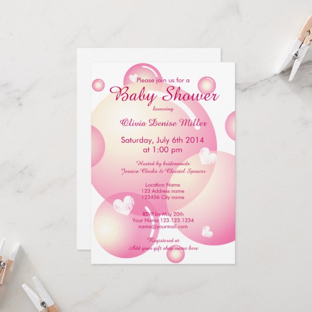 Invitation Jolie bulle de savon rose baby shower fille fête (Devant/Arrière en situation)
