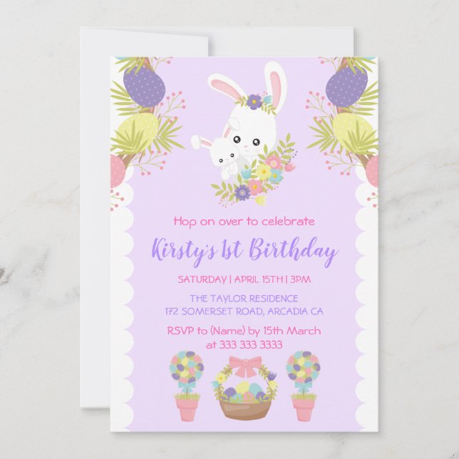 Invitation Jolie Bunnies de Pâques Oeufs Fleurs Anniversaire (Devant)