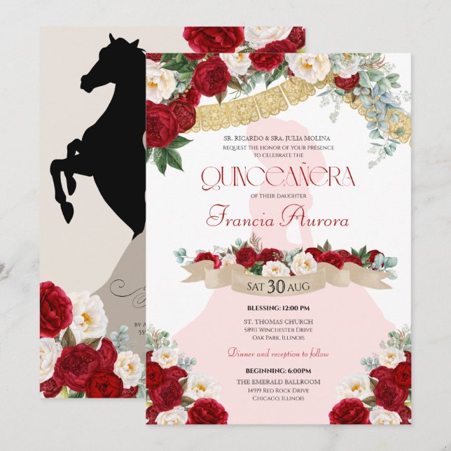 Invitation Jolie Charro Elegant Rouge Blanc Floral Quinceañer (Devant / Derrière)