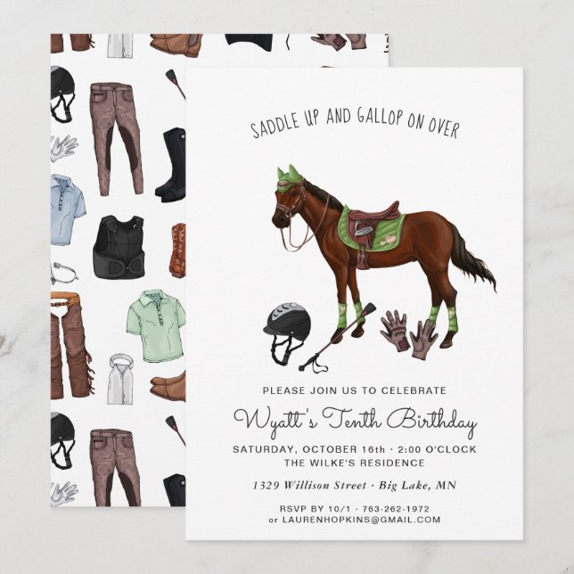Invitation Jolie Cheval Jockey Riding Anniversaire (Devant / Derrière)