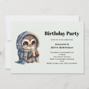 Invitation Jolie chouette en hiver avec un café d'anniversair
