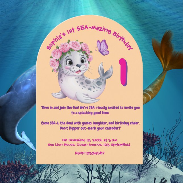 Invitation Jolie couleur florale Lion de mer Anniversaire de  (Créateur téléchargé)