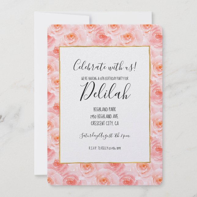 Invitation Jolie couleur rose pâle Rose Anniversaire (Devant)