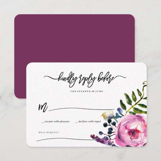 Invitation Jolie couleur violet Fleurs d'aquarelle RSVP (Devant / Derrière)