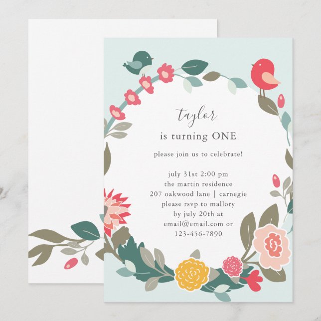 Invitation Jolie couronne et mignons oiseaux fête d'anniversa (Devant / Derrière)