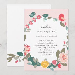 Invitation Jolie couronne et mignons oiseaux fête d'anniversa