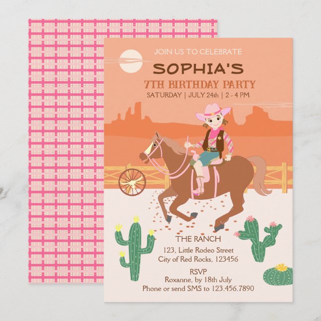 Invitation Jolie Cowgirl et cheval fête d'anniversaire (Devant / Derrière)