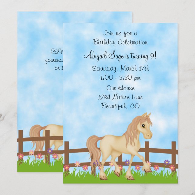 Invitation Jolie Crème Cheval et Fleurs Anniversaire Invitati (Devant / Derrière)