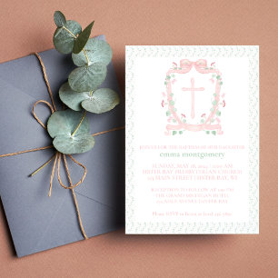 Invitation Jolie crête et croix roses   Baptême floral