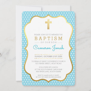 Invitation JOLIE CROIX DORÉE joli baptême fantaisie pois bleu