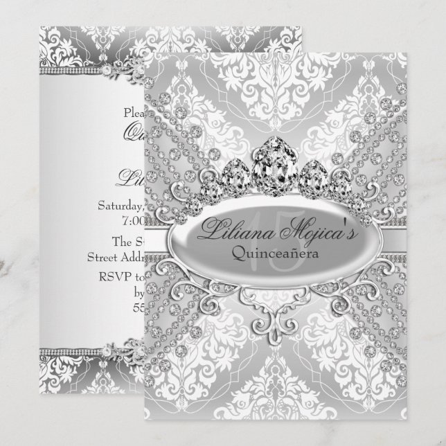 Invitation Jolie Damask en argent Tiara Quinceanera (Devant / Derrière)